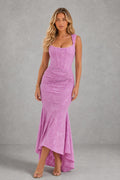 Odette asymmetric jacquard occasion dress in Pink – front view