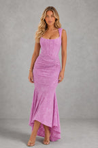 Odette asymmetric jacquard occasion dress in Pink – front view
