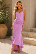 Odette asymmetric jacquard occasion dress in Pink – lifestyle view