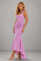 Odette asymmetric jacquard occasion dress in Pink – three-quarter view