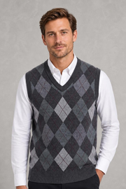 Men's Argyle V-Neck Vest Jumper — studio_front — Charles [a933c812-b81a-4cb2-8449-4a66095faa40]