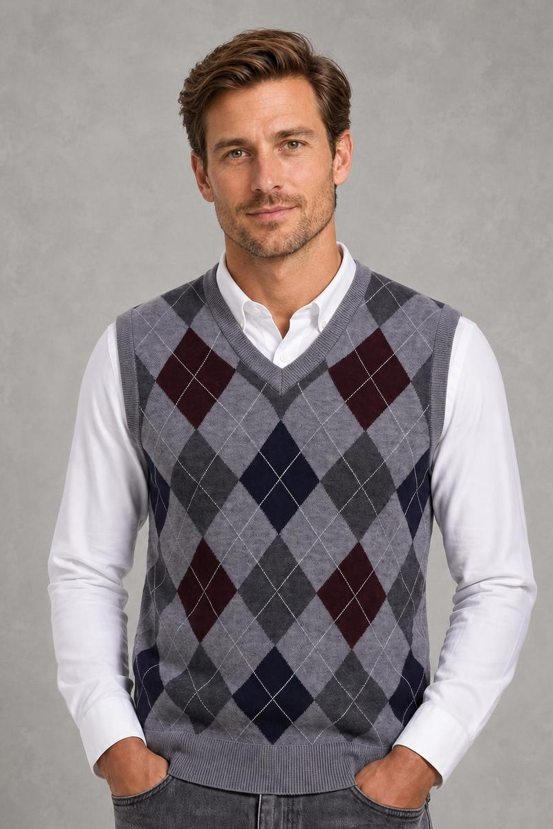 Men's Argyle V-Neck Vest Jumper — studio_front — Charles [04188b0b-6ba6-421b-ba17-2e3cd9a16866]