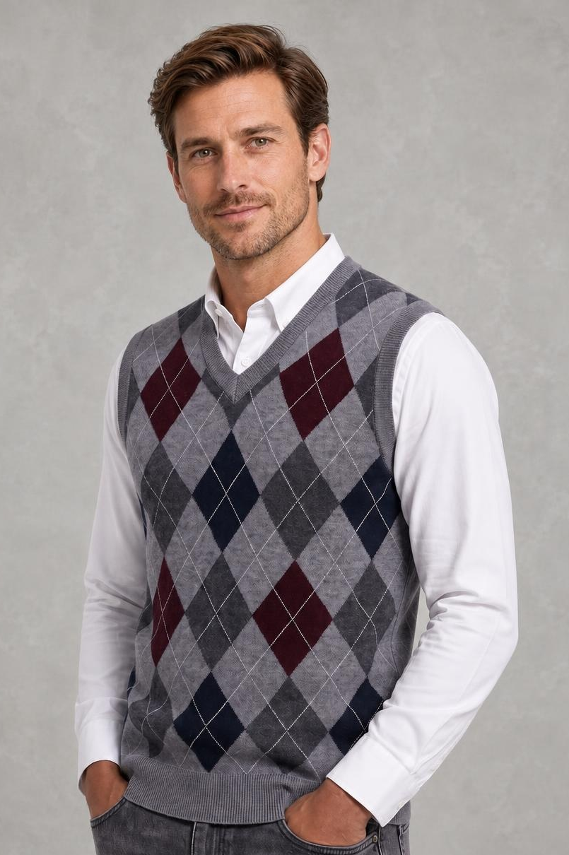 Men's Argyle V-Neck Vest Jumper — studio_three_quarter — Charles [992cc1e4-fa87-443d-af46-3b8ffb8896f2]