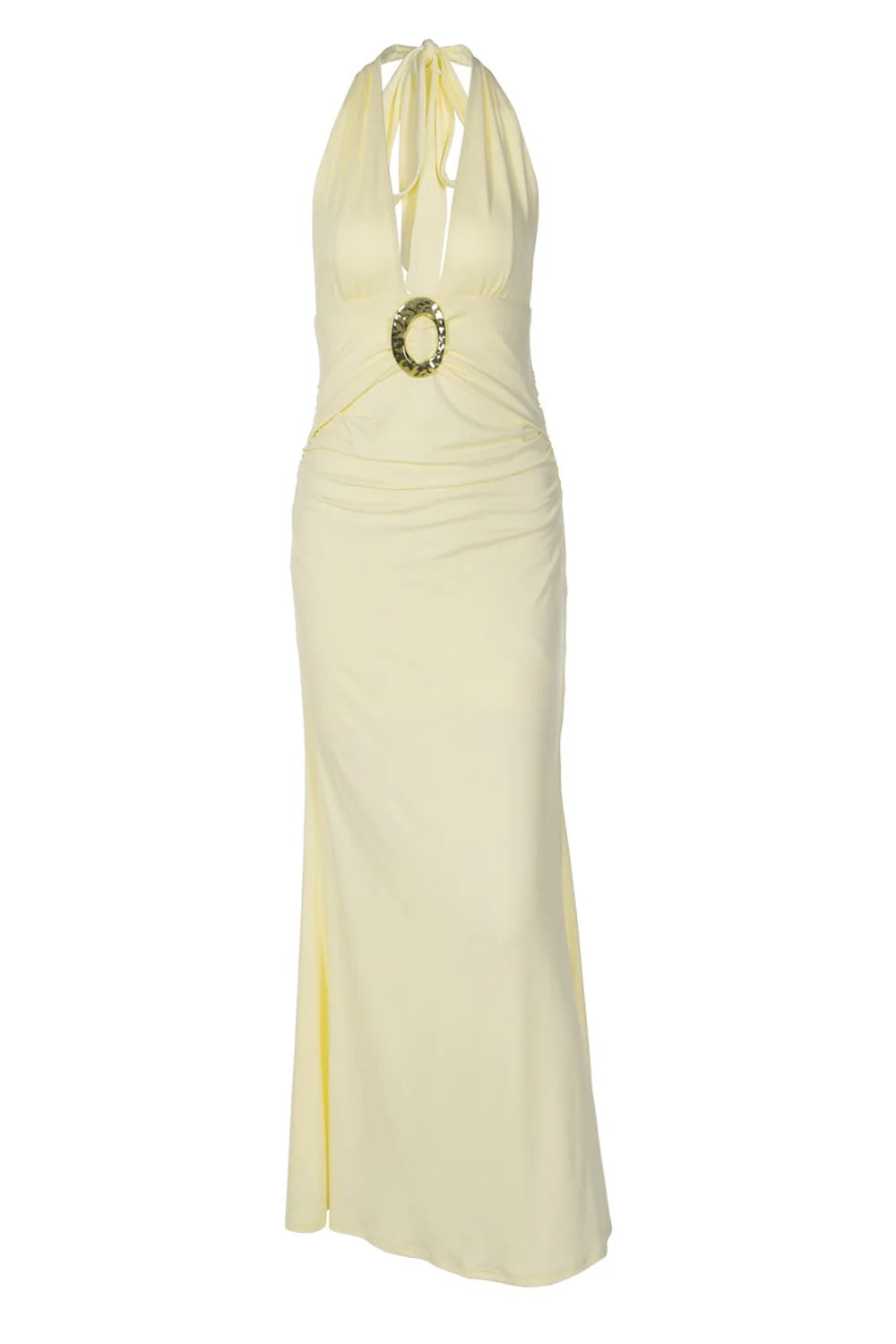 Additional view of Tabitha | Gold-Buckle Plunging Halter Maxi Dress