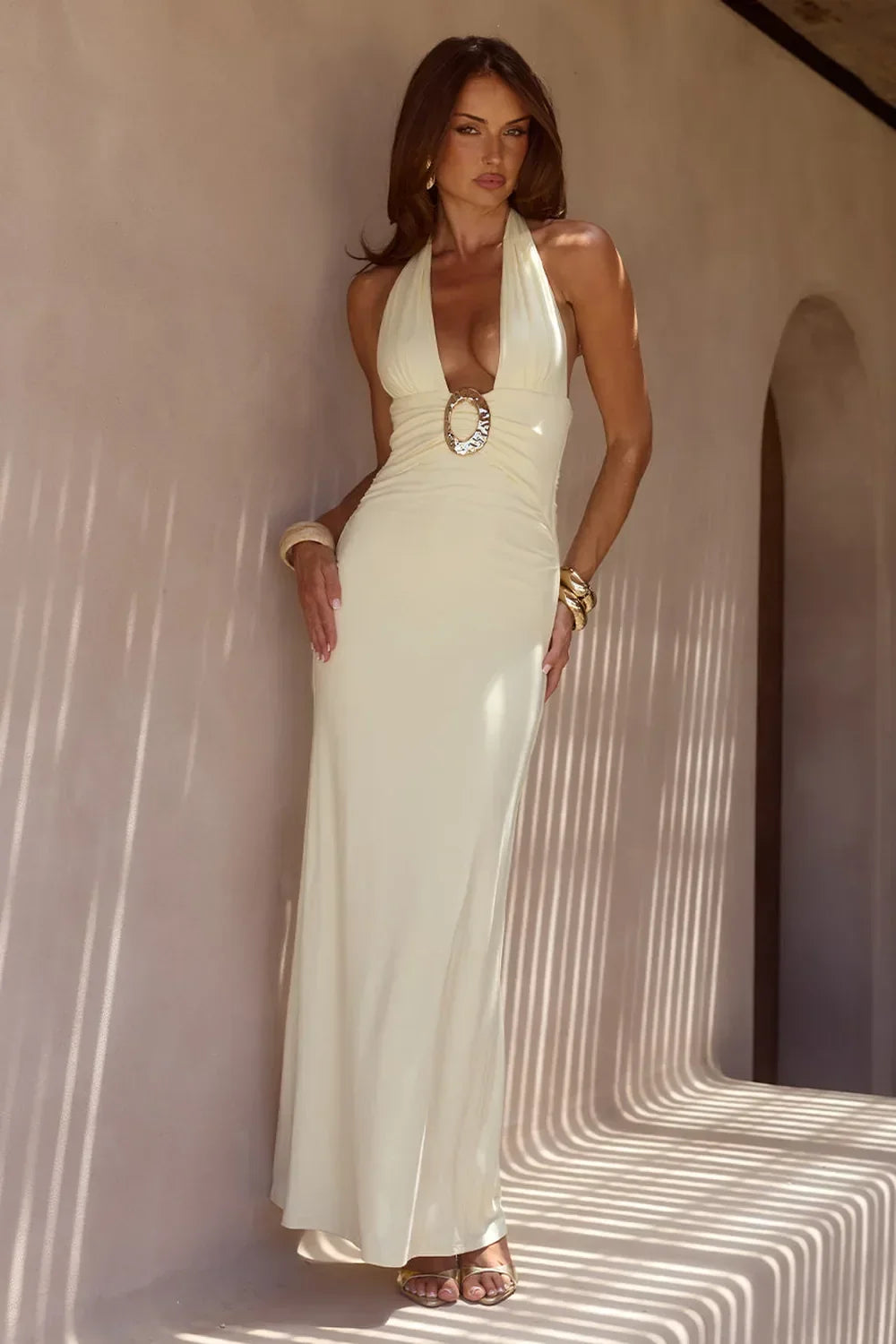 Additional view of Tabitha | Gold-Buckle Plunging Halter Maxi Dress